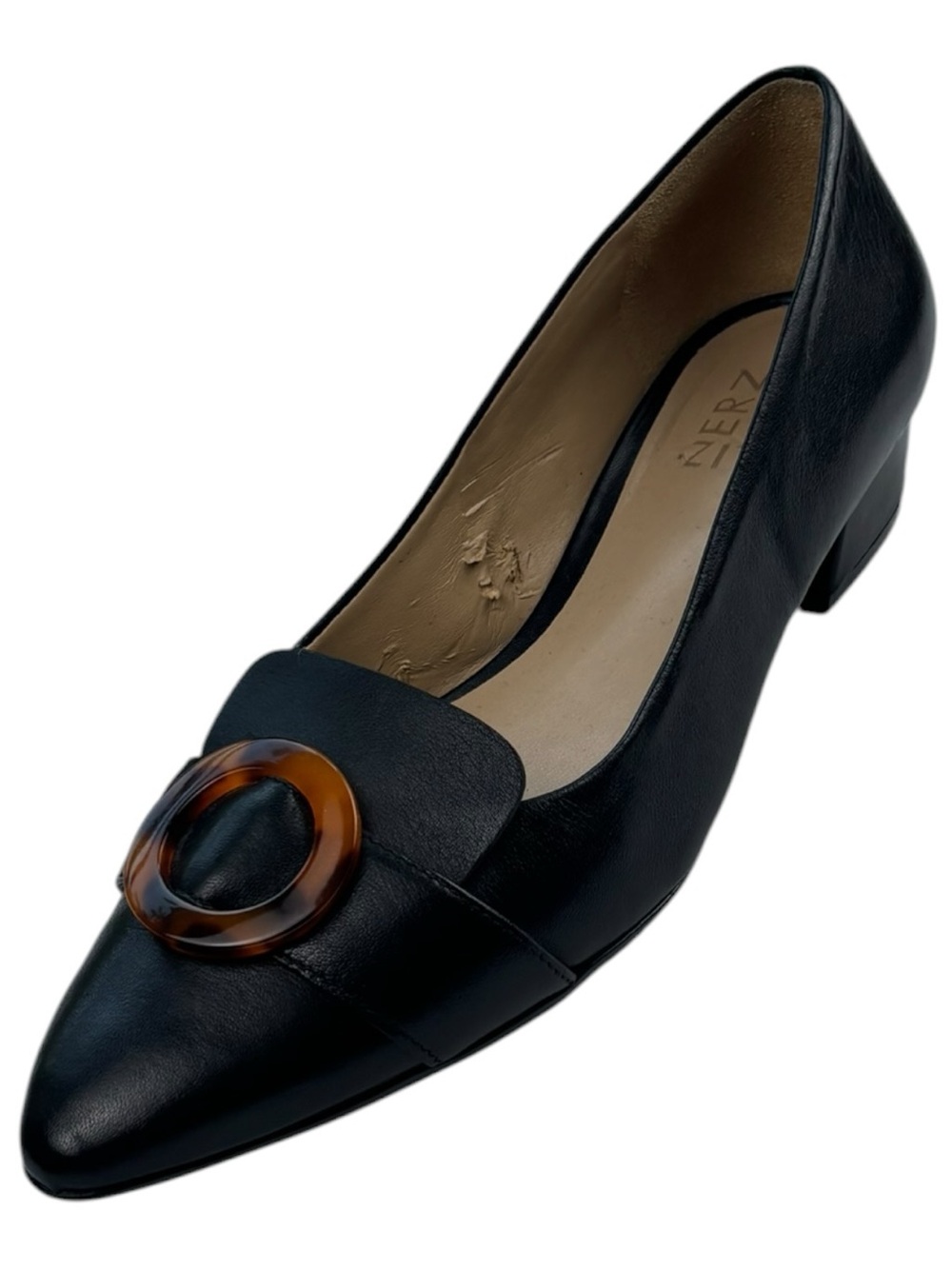 Naturalizer Barton Black Leather Pointed Toe Loafers Tortoise Shell Buckle 6.5W